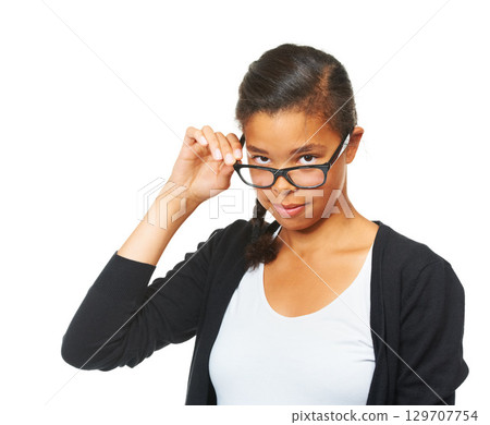 Girl, student and studio portrait with glasses with smile, focus and success by white background. Young African teenager, motivation and isolated for education, learning and development in Chicago Girl, student and studio portrait with glasses with smile, focus and success by white background. Young African teenager, motivation and isolated for education, learning and development in Chicago 129707754