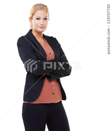 Portrait, leadership and business woman with arms crossed in studio isolated on a white background mock up. Ceo, boss and face of confident female entrepreneur with vision, mission or success mindset 129707780
