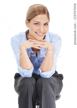 Businesswoman, portrait and smile on chair in white background, studio and happiness. Happy female worker, model and office chair of young employee, entrepreneur and motivation in corporate career Businesswoman, portrait and smile on chair in white background, studio and happiness. Happy female worker, model and office chair of young employee, entrepreneur and motivation in corporate career 129707838