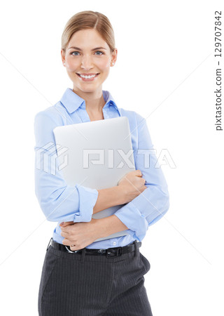 Business woman, portrait and computer of a working employee ready for a tech job. White background, laptop and isolated worker smile happy about learning and email in a studio smiling with pc Business woman, portrait and computer of a working employee ready for a tech job. White background, laptop and isolated worker smile happy about learning and email in a studio smiling with pc 129707842