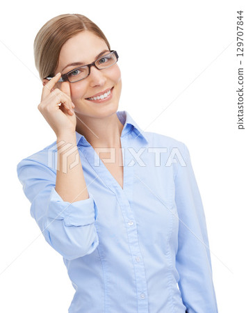 Portrait, business and woman with glasses, consultant and leader isolated on white studio background. Corporate, female employee and eyewear for clear vision, happiness and confident on backdrop 129707844