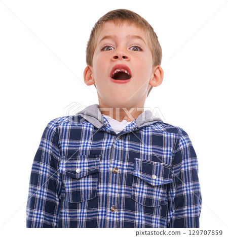 Portrait, children and wow with a boy in studio isolated on a white background with a missing tooth. Kids, surprise or shocked with a male child feeling amazed with big eyes and surprised expression 129707859