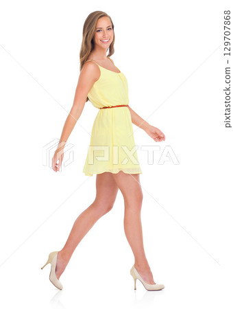 Portrait, fashion dress and woman in studio isolated on a white background mock up. Makeup aesthetics, beauty and female model from Canada in designer, trendy or stylish and beautiful yellow outfit 129707868