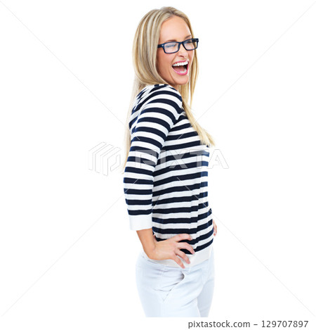 Woman, portrait or glasses wink on isolated white background in motivation, growth or success mindset. Smile, happy model or playful facial expression in fun, comic or emoji on mockup studio backdrop 129707897
