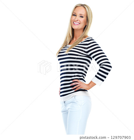 Happy woman, portrait or fashion clothes on isolated white background for trendy, cool or stylish branding mockup. Smile, happy or model with hands on hips on studio backdrop mock up for advertising 129707903