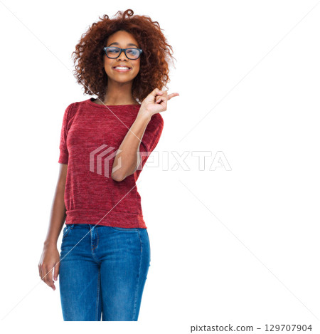Happy woman, portrait or pointing at promotion, marketing advertising space or product placement mock up. Smile, happy or excited model with showing hand gesture for fashion sales on white background 129707904