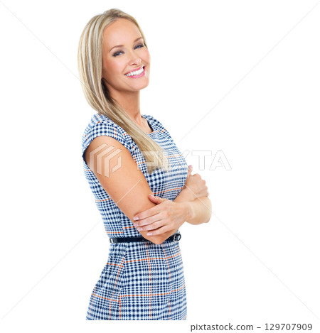 Portrait, fashion and mockup with a model woman arms crossed in studio isolated on a white background. Advertising, marketing and product placement with a female posing to promote a brand on space Portrait, fashion and mockup with a model woman arms crossed in studio isolated on a white background. Advertising, marketing and product placement with a female posing to promote a brand on space 129707909