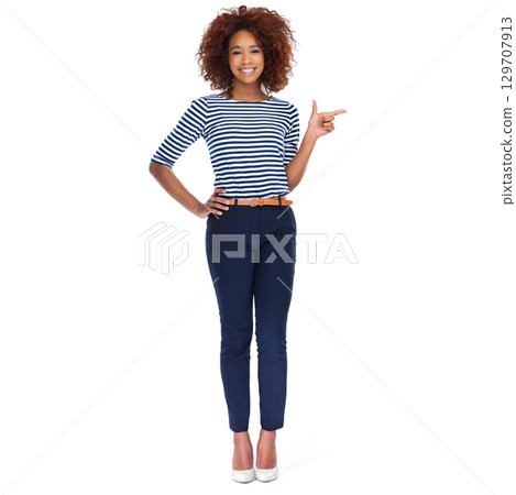 Portrait, mockup and black woman, pointing or smile with girl isolated on white studio background. African American female, lady or gesture for product placement, marketing or advertising on backdrop 129707913