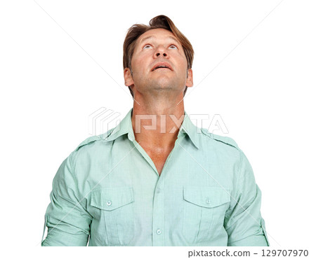 Idea, mature and man looking up in a studio with uncertainty, wonder and contemplation. Thinking, pensive and handsome male model daydreaming in a casual outfit while isolated by a white background. 129707970