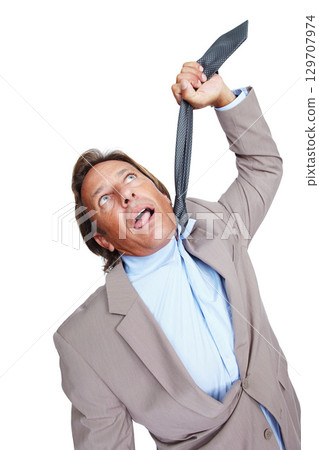 Depression, stress and businessman hanging from tie, suicide and mens mental health isolated on white background. Anxiety, burnout and man frustrated in necktie with work, debt and crisis in studio. 129707974