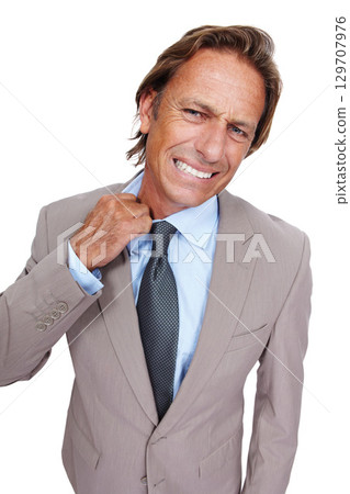 Portrait, stress and hot with a business man in studio isolated on a white background looking worried or nervous. Anxiety, debt and fail with a male employee feeling bad on blank space for branding Portrait, stress and hot with a business man in studio isolated on a white background looking worried or nervous. Anxiety, debt and fail with a male employee feeling bad on blank space for branding 129707976
