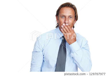 Portrait, wow and mockup with a business man in studio isolated on a white background looking shocked. Hand, surprise and branding with a handsome male employee standing on blank space for a logo Portrait, wow and mockup with a business man in studio isolated on a white background looking shocked. Hand, surprise and branding with a handsome male employee standing on blank space for a logo 129707977
