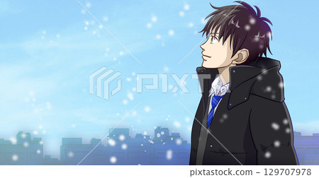 Snow falling gently, anime-style illustration of a high school or junior high school boy, white space on the left Snow falling gently, anime-style illustration of a high school or junior high school boy, white space on the left 129707978