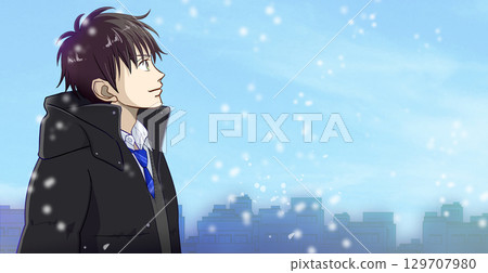 雪花輕輕飄落，高中或國中男生的動漫風格插圖，右側留白 129707980