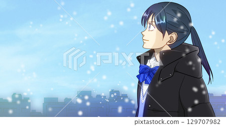 Snow falling gently, anime-style illustration of a high school or middle school girl, white space on the left Snow falling gently, anime-style illustration of a high school or middle school girl, white space on the left 129707982