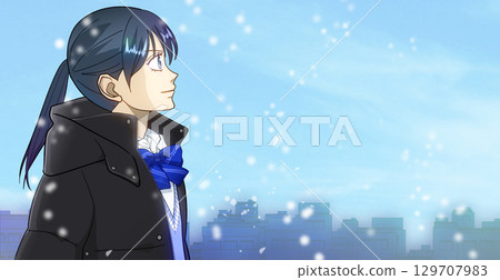 Snow falling gently, anime-style illustration of a high school or middle school girl, white space on the right Snow falling gently, anime-style illustration of a high school or middle school girl, white space on the right 129707983