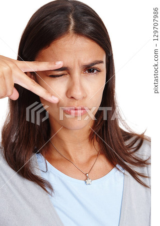 Peace sign, funny and woman portrait of a model with a pout, comic and duck face, White background, isolated and vertical female pose with comedy and joke hand sign with wink alone in studio Peace sign, funny and woman portrait of a model with a pout, comic and duck face, White background, isolated and vertical female pose with comedy and joke hand sign with wink alone in studio 129707986