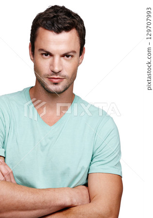 Portrait, arms crossed and man focus, mindset and guy isolated on white studio background. Male, gentleman and leader with confidence, handsome and serious expression with ideas, serious on backdrop 129707993