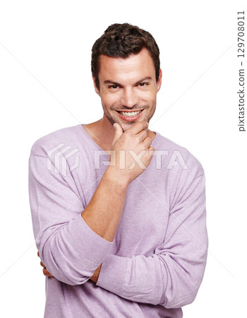 Portrait, fashion and smile with a man model in studio isolated on a white background for marketing. Advertising, idea and profile picture with a male on bank space for product branding or a logo Portrait, fashion and smile with a man model in studio isolated on a white background for marketing. Advertising, idea and profile picture with a male on bank space for product branding or a logo 129708011