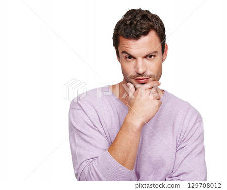 Portrait, idea or mockup with man in studio isolated on a white background while standing hand on chin. Thinking, marketing and advertising with a male on blank space to make a decision or choice 129708012