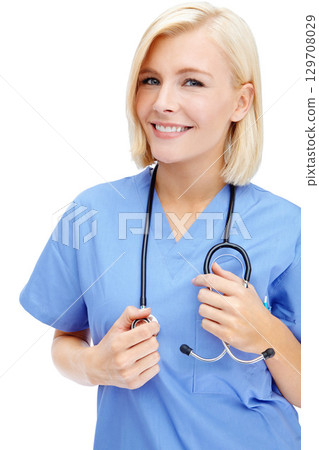 Nurse, portrait and medical stethoscope on isolated white background in cardiovascular, lungs or heart wellness check. Smile, happy woman and face of healthcare worker, equipment or doctor consulting 129708029