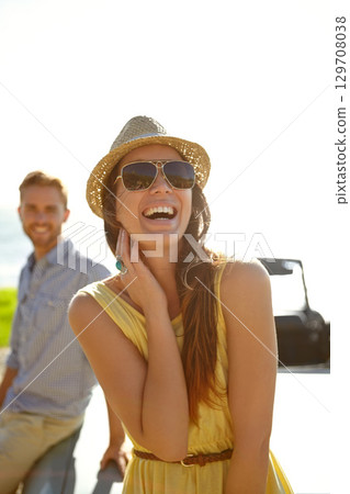 Travel couple, road trip car park and happy woman on holiday adventure, transportation journey or fun summer vacation. Freedom peace, laughing driver and driving girl relax in Portugal countryside 129708038