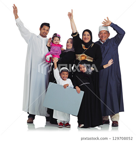 Muslim family, winning portrait and poster space with children and parents celebrate Islam religion. Arab women, men and kids with banner sign for peace and support isolated on a white background Muslim family, winning portrait and poster space with children and parents celebrate Islam religion. Arab women, men and kids with banner sign for peace and support isolated on a white background 129708052
