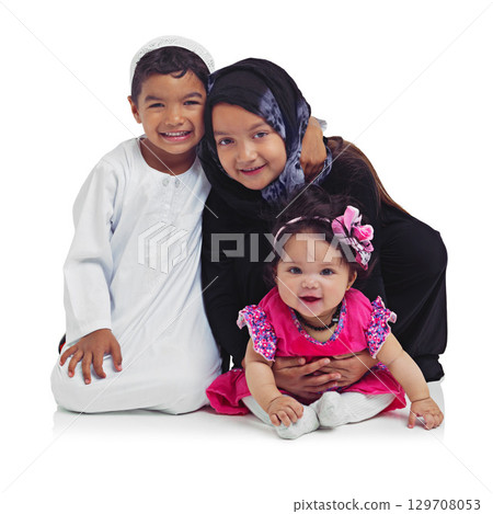 Portrait, children and muslim with a girl, boy and sister in studio isolated on a white background for religion or belief. Family, kids or islam with a brother and siblings on blank space for love Portrait, children and muslim with a girl, boy and sister in studio isolated on a white background for religion or belief. Family, kids or islam with a brother and siblings on blank space for love 129708053