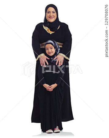Islam, body portrait and mom and girl child happy in hijab together and isolated on white background. Love, family and support, Muslim woman with daughter smile and Islamic culture in studio in Egypt 129708076