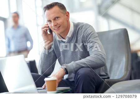 Phone call, smile or happy businessman in airport lobby for loan, wealth or investment negotiation. Travel, communication or manager with smartphone for networking, b2b network or planning meeting 129708079