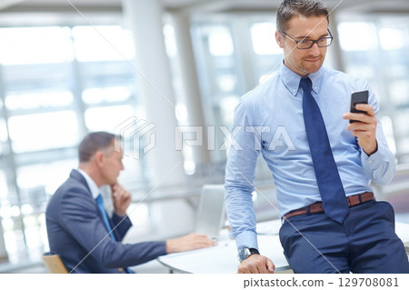 Happy, corporate or business man with phone for invest strategy, finance growth or financial review. CEO, office or manager with smartphone for planning, data analysis or economy data web research 129708081