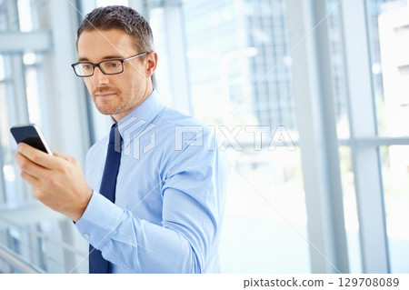 Corporate, phone or business man planning for invest strategy, finance growth or financial review. Thinking, CEO or manager in office with smartphone for networking, data analysis or data research 129708089