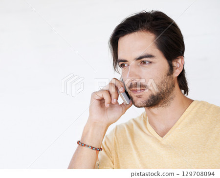 Phone call communication, face and man talking, speaking or studio chat to digital mobile contact. Smartphone user mockup, conversation and networking model isolated on mock up white background wall Phone call communication, face and man talking, speaking or studio chat to digital mobile contact. Smartphone user mockup, conversation and networking model isolated on mock up white background wall 129708094