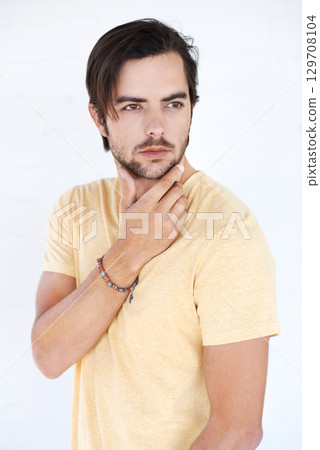 Idea, studio and young man thinking, pensive and focus on contemplating problem solving plan. Question, doubt and puzzled model think of solution, decision or choice isolated on white background wall 129708104