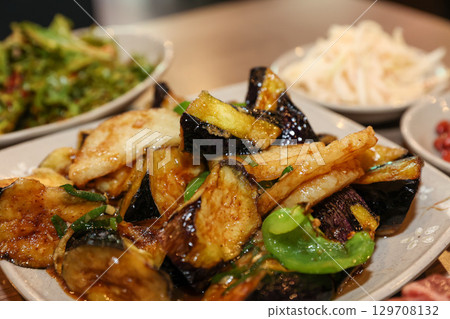 Stir-fried Potatoes, Eggplant, and Peppers. Chinese food Stir-fried Potatoes, Eggplant, and Peppers. Chinese food 129708132