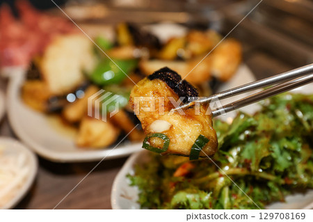Stir-fried Potatoes, Eggplant, and Peppers. Chinese food Stir-fried Potatoes, Eggplant, and Peppers. Chinese food 129708169