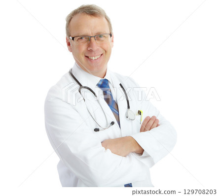 Portrait, doctor and man with arms crossed in studio isolated on a white background. Face, healthcare wellness and smile of happy, confident and mature male medical worker or physician from Canada. 129708203