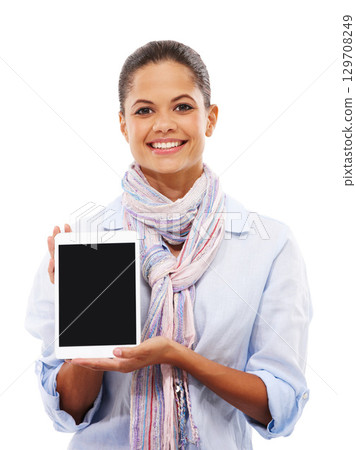 Woman, portrait or showing tablet mockup on isolated white background for social media or elearning website. Digital technology, mock up or blank advertising space for smile or studio college student 129708249