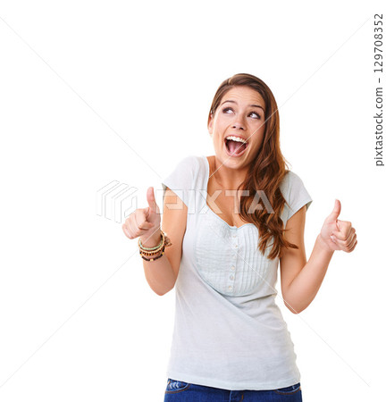 Wow, thumbs up and woman in studio for success, thank you or marketing achievement on mockup. Excited model with ideas on face and ok or yes hands sign on advertising space or mock up for branding Wow, thumbs up and woman in studio for success, thank you or marketing achievement on mockup. Excited model with ideas on face and ok or yes hands sign on advertising space or mock up for branding 129708352