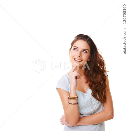 Thinking, mockup and smile with woman and idea for question, product and deal choice. Why, solution and sale with girl model wondering for beauty, decision and planning in white background studio 129708360