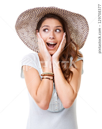 Wow, surprise and happy woman in studio for fashion sale, summer discount or promotion deal on mockup. Excited young model with idea on face with retail announcement, news or promo code mock up 129708377