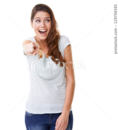 Laugh, bullying and woman pointing in studio isolated on white background for humor, shame and mocking gesture. Body language, mean and girl point finger for attitude, making fun and laughing at joke 129708385