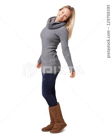 Portrait, fashion and winter with a model woman in studio isolated on a white background for in season style. Clothes, stylish and fashionable with an attractive young female posing on blank space Portrait, fashion and winter with a model woman in studio isolated on a white background for in season style. Clothes, stylish and fashionable with an attractive young female posing on blank space 129708395