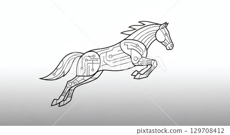 Abstract geometric horse drawing mid-jump with sharp lines and futuristic design Abstract geometric horse drawing mid-jump with sharp lines and futuristic design 129708412