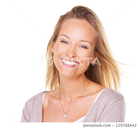 Happy, smile and portrait of a woman model in a studio with a positive, confident and optimistic mindset. Happiness, excited and face of a female from Canada posing while isolated by white background 129708442