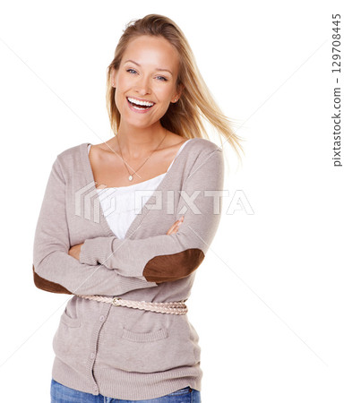 Fashion, happy and portrait of a woman in a studio with a casual, feminine and stylish outfit. Happiness, smile and female model with cool, apparel and luxury clothes isolated by a white background. 129708445