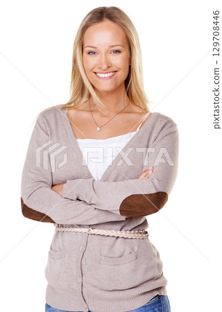 Beauty, fashion and smile with portrait of woman with arms crossed for style, luxury or happiness. Natural, lifestyle and confident with model for feminine, smile and happy in white background studio Beauty, fashion and smile with portrait of woman with arms crossed for style, luxury or happiness. Natural, lifestyle and confident with model for feminine, smile and happy in white background studio 129708446