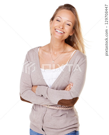 Beauty, fashion and smile with portrait of woman with arms crossed for style, elegant or happiness. Natural, isolated and confident with model from Sweden, smile and happy on white background studio Beauty, fashion and smile with portrait of woman with arms crossed for style, elegant or happiness. Natural, isolated and confident with model from Sweden, smile and happy on white background studio 129708447