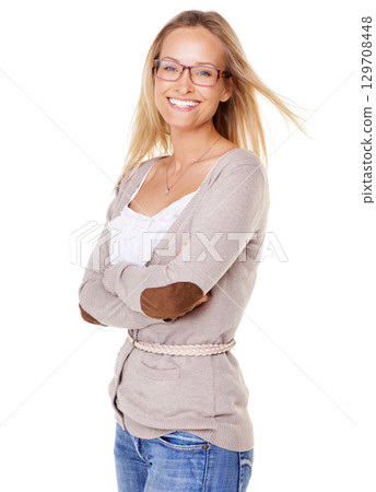 Woman, happy and motivation portrait of a model with arms crossed with study vision. Natural beauty, smile and excited person with reading glasses and satisfaction ready for learning and tutor job Woman, happy and motivation portrait of a model with arms crossed with study vision. Natural beauty, smile and excited person with reading glasses and satisfaction ready for learning and tutor job 129708448