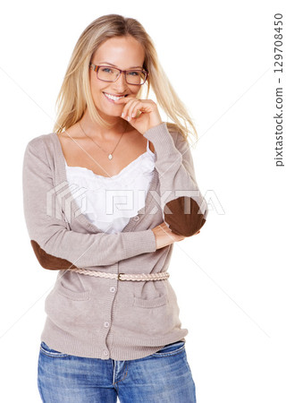 Optometry, fashion and portrait of a woman with glasses for vision, content smile and confidence. Happy, stylish and fashionable model with style, casual pose and femininity on a white background Optometry, fashion and portrait of a woman with glasses for vision, content smile and confidence. Happy, stylish and fashionable model with style, casual pose and femininity on a white background 129708450